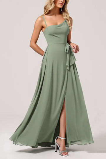 Chiffon A-Line Eucalyptus Bridesmaid Dress with Slit